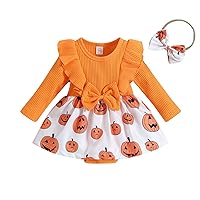Halloween Newborn Baby Girls Romper Dress Ruffles Long Sleeve Bowknot Pumpkin Print Skirt Hem Jumpsuits Headband