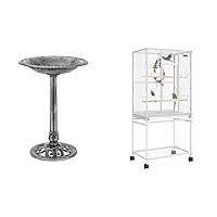VIVOHOME 28 Inch Height Polyresin Lightweight Antique Outdoor Garden Bird Bath Gray and 54 Inch Wrought Iron Large Bird Flight Cage with Rolling Stand