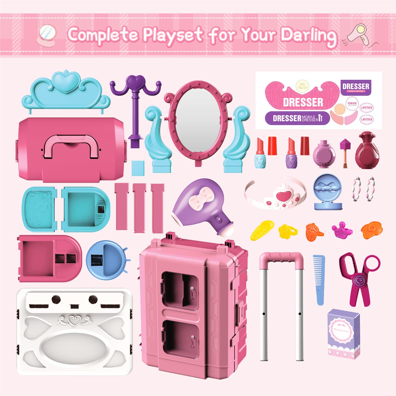 Dlordy Girls Toy Princess Makeup Vanity for Kids, Toddler Dress-up Table Toy for 3 4 5 6 Years Old Girls Boys Kids Role Play Beauty Salon Playset Gifts for Christmas Birthday Party New Year