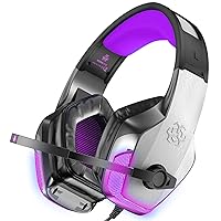 BENGOO V-4 Gaming Headset for Xbox One, PS4, PC, Controller, Noise Cancelling Over Ear Headphones with Mic, LED Light Bass Surround Soft Memory Earmuffs for Mac Nintendo Switch Games - Purple