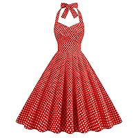 YZHM Womens Vintage Dress for Party 1950s Rockabilly Dress Polka Dots Halter Neck Cocktail Dress A Line Wedding Guest Dress