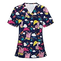 Cute Work Scrub Shirts for Juniors Fall Summer Short Sleeve V Neck Floral Tops Shirt Blouse Women 2024