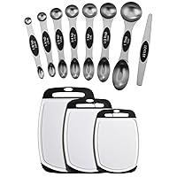 Spring Chef Stainless Steel Magnetic Measuring Spoons, Set of 8 & Set of 3 Cutting Boards for Kitchen With Soft Grip Handles - 2 Product Bundle - Black