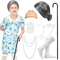 Old Lady Costume for Kids - 100 Days of School Costume for Girls,Grandma Nightgown Granny Wig,Old Woman Costume Set