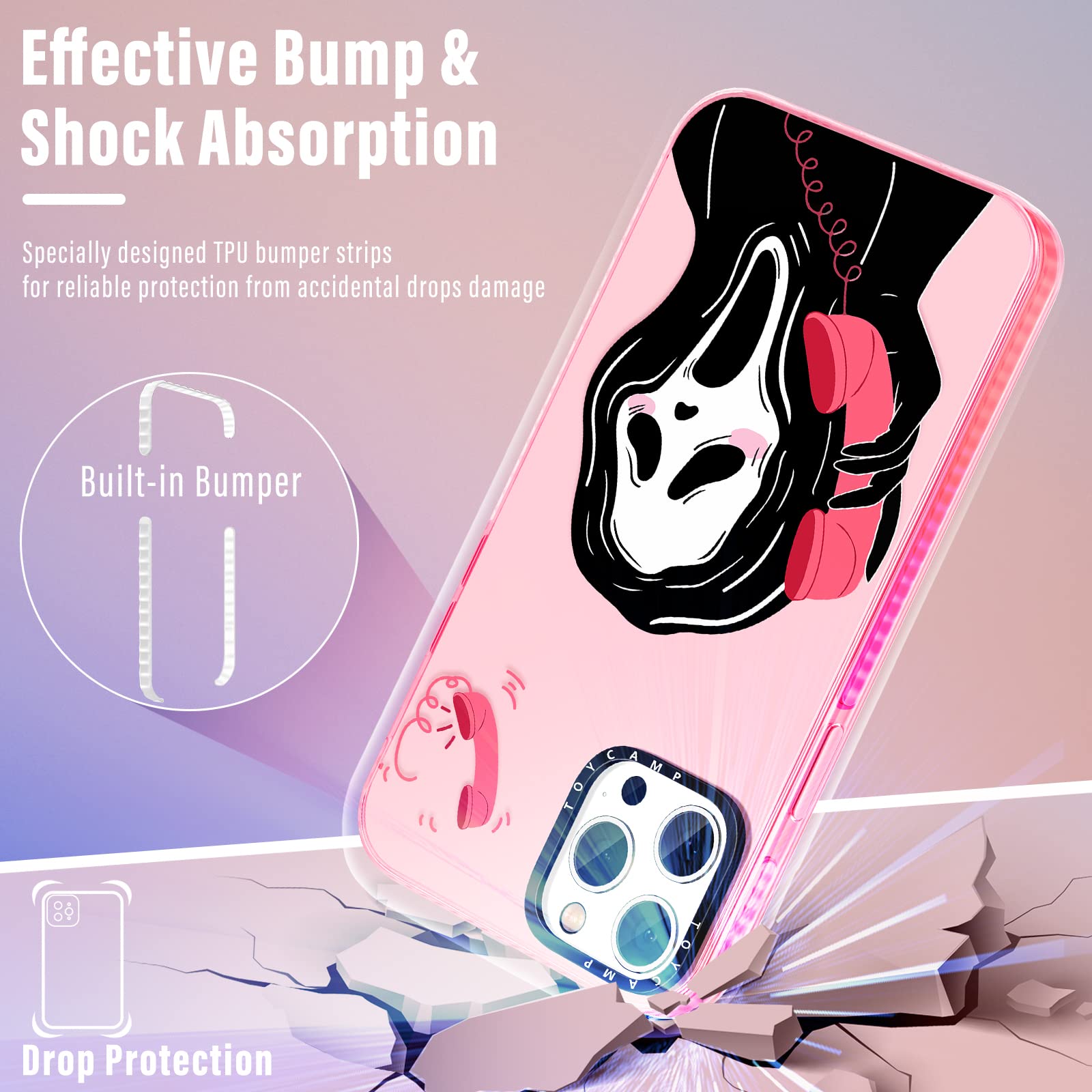 Toycamp for iPhone 12 Pro Max Case for Women, Cute Ghost Design Girls Teens Elegant Print Case with Ring Kickstand Cover for iPhone 12 Pro Max (6.7 Inch)