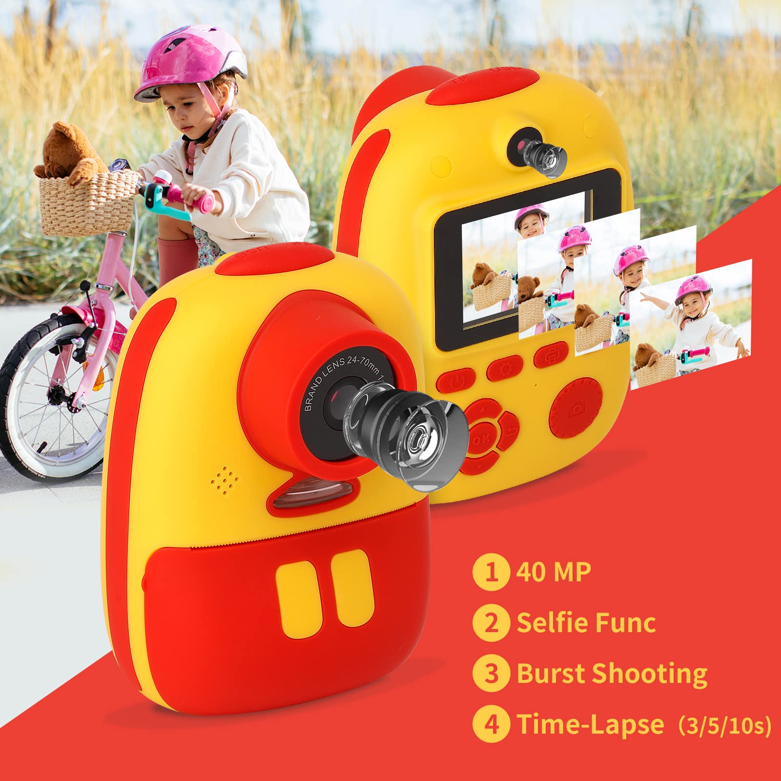 FTXOAM 1080P Kids Camera Instant Print Toddler Digital Camera with Colored Pens, Toy Camera with Print Paper for Boys and Girls, 32GB Card,Ink-Free Printing, Birthday Day Gift (Yellow Red)