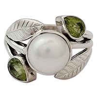 NOVICA Artisan Handmade Cultured Freshwater Pearl Peridot Cocktail Ring from India Jewelry .925 Sterling Silver Mabe Green 'Mumbai Romance'