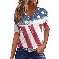 4th of July Tops for Women,Women's Summer Tee Independence Day Button Short Sleeve Basic V Neck Regular Top Casual Shirt