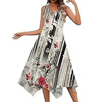 Women Dresses Summer Casual Round Neck Sleeveless Floral Print Irregular Hem Midi Dress