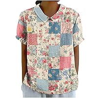 Women Floral Plaid Peter Pan Collar Shirts Y2K Keyhole Back Short Sleeve Tee Tops Summer Casual Loose Fit Blouse
