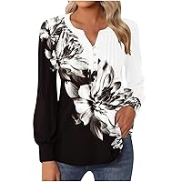 Womens Tops Long Sleeve Henley Shirts V Neck Blouses Fashion Printed Buttons Up Tunics Flowy Pleated Blouses