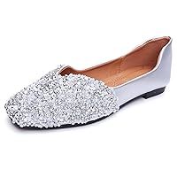 Flats Shoes Women Rhinestone Square Fashion Ballet Flats Wedding Flats for Women Comfortable Slip on Low Heel Dress Shoes