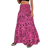Long Skirt for Ladies Holiday Elastic Waist Maxi Skirt Womens Casual Paisley Print Skirt Plus Size A-Line Beach Skirt
