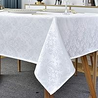 Rectangle Table Cloth - 52 x 70 Inch White Jacquard Tablecloths Damask Design Spillproof Wrinkle Resistant Shrinkproof Soft Tablecloth Polyester Oblong Table Cover for Kitchen Dinning Party Tabletop