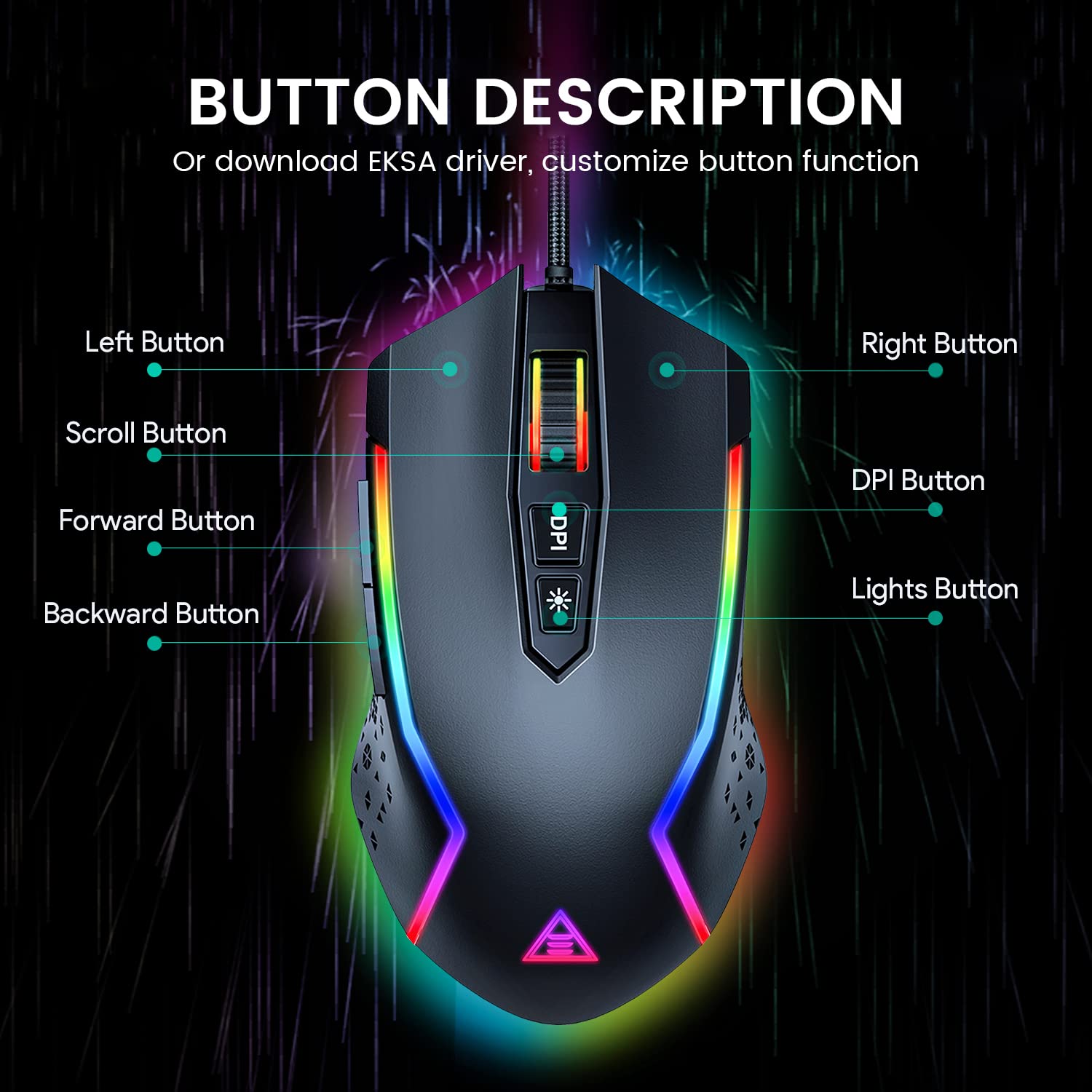 EKSA Gaming Mouse, Wired Ergonomic Gaming Mice with 7 Programmable Buttons, Chroma RGB 6 Backlit& Adjustable 8000DPI for Windows PC Gamers (EM100)