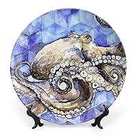 Watercolor Octopus Bone China Decorative Plate Personality Ceramic Dinner Plate Crafts with Display Stand