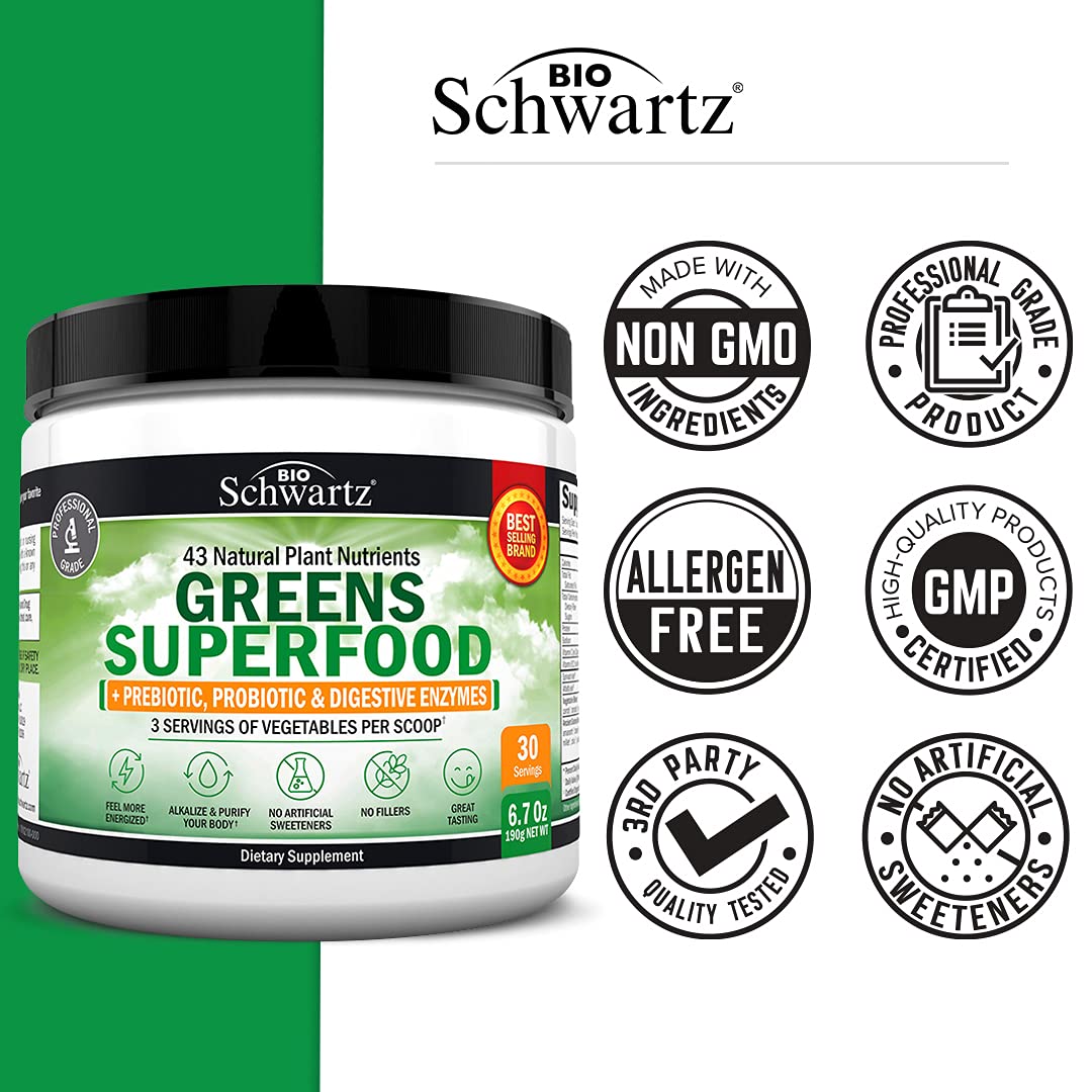 Super Greens Superfood Powder - Greens Powder with Probiotics Prebiotics Digestive Enzymes and 43 Green Superfoods - Chlorophyll Bilberry Chlorella Spirulina Grass - Tastes Amazing - 30 Servings