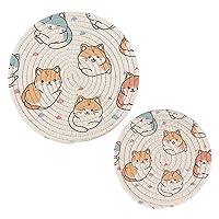 Cute Cat Round Cotton Trivets Stylish Absorbent Coaster Set Pot Holders Drink Coasters for Boho Home Bar Decor-2Pcs