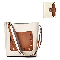 BROMEN Hobo Bags for Women Leather Bucket Crossbody Purse Brown with White and Small Wallets for Women Leather RFID Wallet Bifold Card Case Beige with Brown Bundle