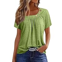 Summer Tops for Women Solid Color O-Collar Short Sleeve Button Shirts Fashion Pleated Lightweight Elegant Top