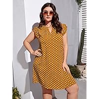 Prom Dress Plus Polka Dot Print Keyhole Neckline Butterfly Sleeve Dress (Color : Mustard Yellow, Size : X-Large)