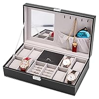 Jewelry Box 8 Slots Watch Organizer Storage Case with Lock and Mirror for Men Women Black