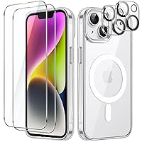 JETech 5 in 1 Magnetic Case for iPhone 14 Plus 6.7-Inch with 2-Pack Tempered Glass Screen Protector and Camera Lens Protector, Compatible with MagSafe, Shockproof Bumper Phone Cover (Clear)
