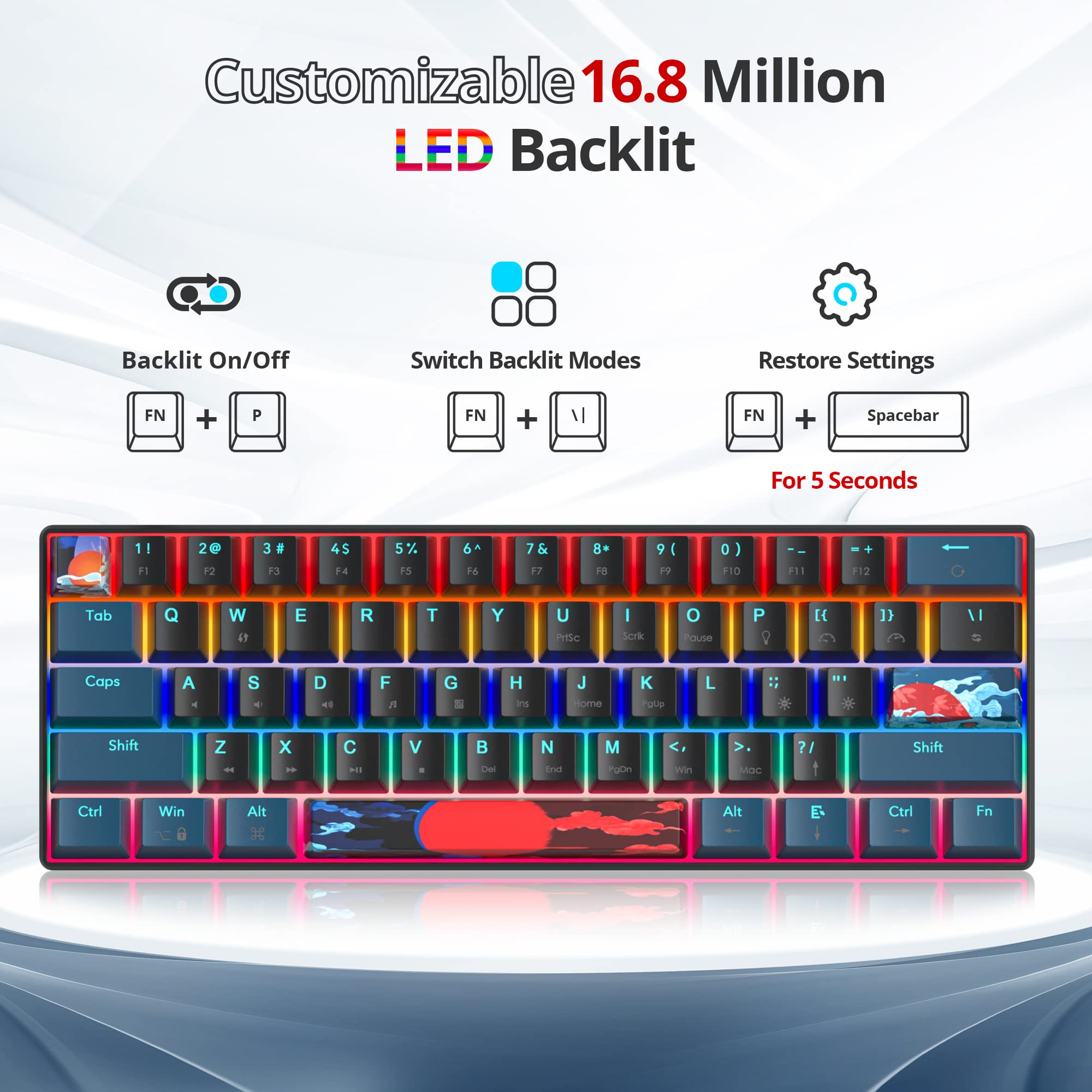 Protable 60% Percent Mixed Light Rainbow Gaming Keyboard Mechanical, Mini Compact 61 Keys Wired Office Keyboard with red Switch for Mac/Win/ps4/ps5/xbox (Monstor Black/red Switch 61)