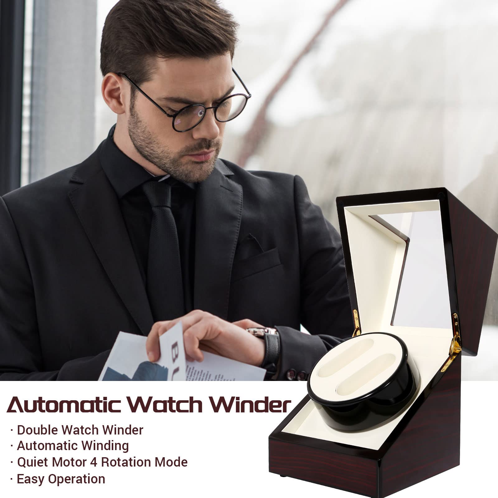 Uten Automatic Watch Winder Box Luxury Wooden Watch Storage Case, Double Watch Winder with Quiet Motor 4 Rotation Mode for Father's Day Gift for Him, Birthday Gift. Red