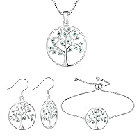 YL Tree of Life Pendant Necklace 925 Sterling Silver Created Emerald Dangle Earrings Round Family Giving Bracelets Jewelry Set for Women