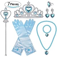 Bonallo Princess Dress Up Accessories Set for Girls Jewelry with Crown Scepter Necklace Earrings Gloves Rings Bracelets Blue (7pcs)