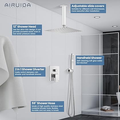 Airuida 12 Inch Square Chrome Polish Ceiling Shower System Set SUS304 Ceiling Mount Rain Shower Head with Handheld Spray 2-Functions Rain Mixer Shower Faucet Set Contain Rough-In Valve