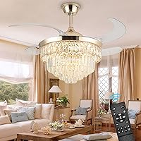 Crystal Ceiling Fan with Light,42 Inch Dimmable Crystal Fandelier, Gold Retractable Ceiling Fan 6 Speeds Indoor Chandelier Fan for Bedroom Living Room Dining Room