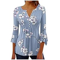 Button Down Shirts for Women 2024 Summer Bell Sleeve Pleated Blouse Dressy Casual Floral Tops Tunics to Hide Belly