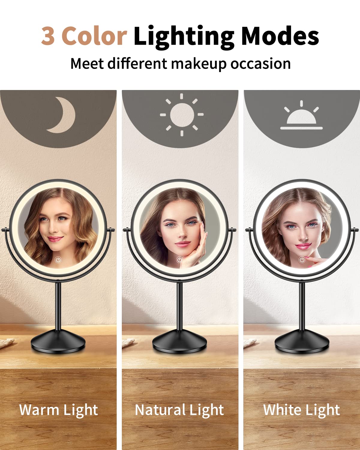 Gospire 8 Inch Lighted Makeup Mirror, 3 Color Lights & Stepless Dimming LED Vanity Mirror, 1X/10X Double Sided Magnifying Rechargeable Cosmetic Mirror, 360° Free Rotation Cordless Standing Mirror