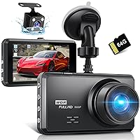 2.5K Dash Cam Front and Rear,64G SD Card,1600P+1080P FHD Dual Dash Camera for Cars,3.2'' IPS Screen,176°+160° Wide Angle Dashcam,G-Sensor,Night Vision,WDR,Parking Monitor,Loop Recording