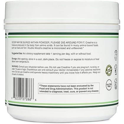 Creatine Monohydrate Powder 1.1lbs (100 Servings of 5 Grams Each - Third Party Tested Micronized Creatine Powder) Unflavored, Keto, Vegan Friendly (with Scoop)(Creatina Monohidratada) by Double Wood