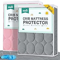 2 Pack Crib Mattress Protector Pad Waterproof, Quilted Crib Mattress Cover Sheets Fitted, Absorbent & Noiseless Toddler Mattress Protector Fit Baby Toddler Bed Mattress Pad (52” x 28”), Grey & Pink