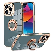 KANGHAR Phone Case Compatible with iPhone 15 Pro for Women Girls, Plating Built-in 360 Rotation Magnetic Ring Kickstand Holder Soft Slim Shockproof Bumper Protective Cover (Blue Grey)