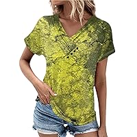 Trendy Tops for Women Retro Printed T-Shirt V-Neck Short Sleeve Top Casual Pleated Button Blouses Womens Fashion 2024