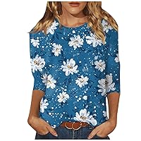 Womens Summer Tops 2024 3/4 Length Sleeve Woman Tshirts 3 Quarter Length Sleeve Tops for Women Cotton Tunic Tops for Women Women's Cotton Tees Ladies Tops and Blouses Shirts Sale Blue 2X
