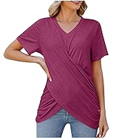 Women Cross Ruched Fashion Short Sleeve Tunic Tops Summer High-Low Hem Casual Slim Fit Solid Dressy V-Neck T-Shirts