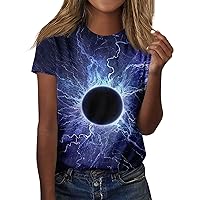 Short Sleeve Tops for Women Trendy Tops for Women 2024 Astral Print Novelty Cool Loose Fit Fashion with Short Sleeve Round Neck Shirts Blue 4X-Large