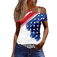 Independence Day Cold Shoulder Tops for Women Summer Short Sleeve Asymmetrical Shirts Metal Buttons 4 Th July Blouses