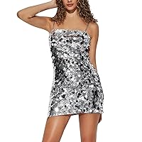 Sequin Dress for Women Cocktail Party Night Club Dresses Spaghetti Strap Glitter Bodycon Tube Dress Sparkle Mini Dress