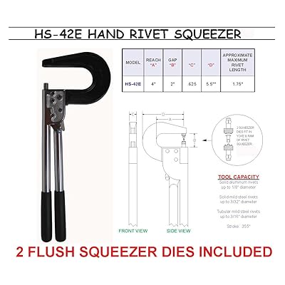 Hand Rivet Squeezer for Solid & Tubular Rivets, with A 2 inch Reach, 2 inch Gap. Will Set Rivets Up to 1-3/4 inch in Length. Also Includes 2 Flush
