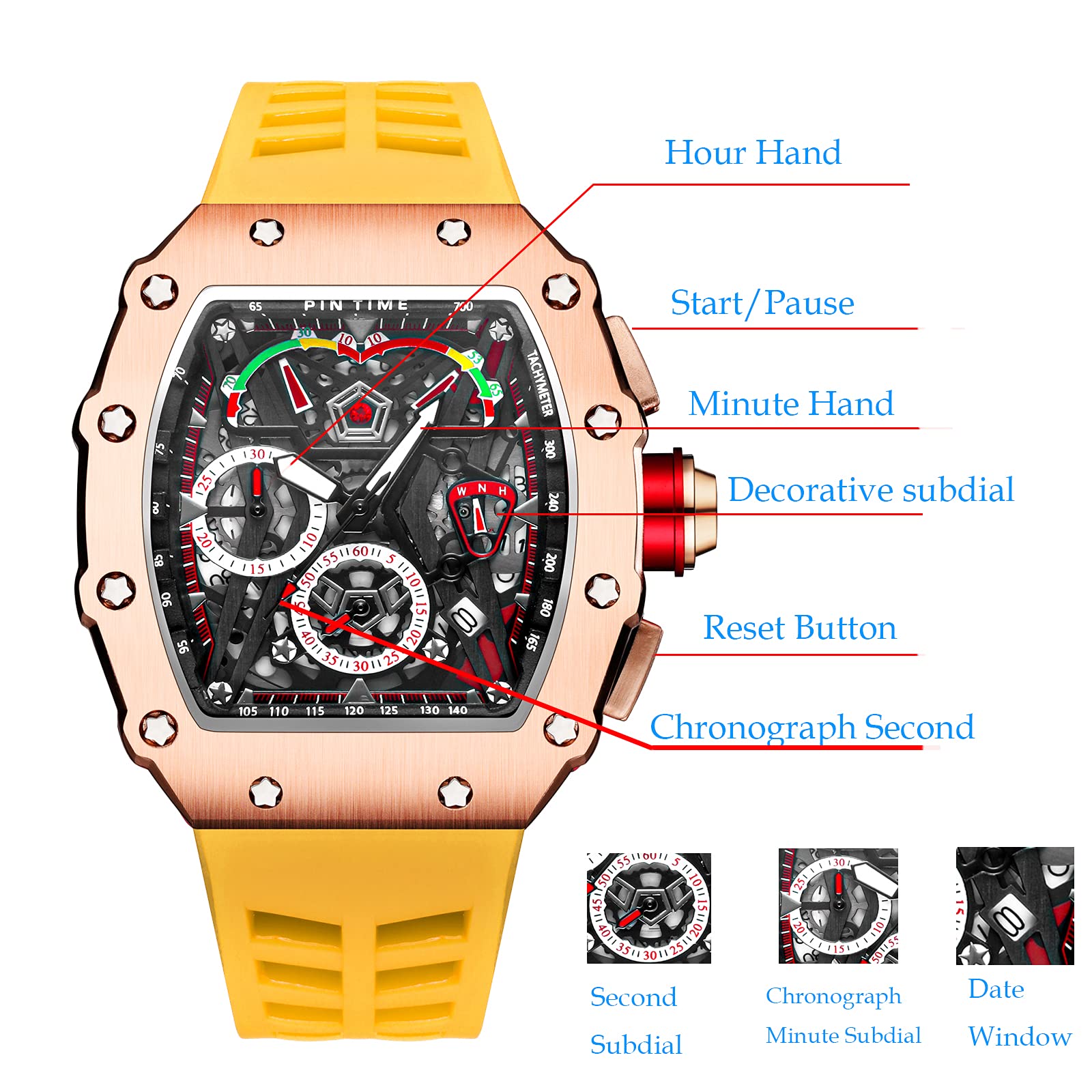 PINTIME Modische Herren-Armbanduhr Hallow Punk Chronograph Sport Armbanduhr Luxus Designer Herrenuhr