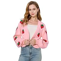 Women's V-Neck Knit Floral Pattern Cardigan Strawberries Embroidery Lantern Long Sleevee Cropped Sweater Tops
