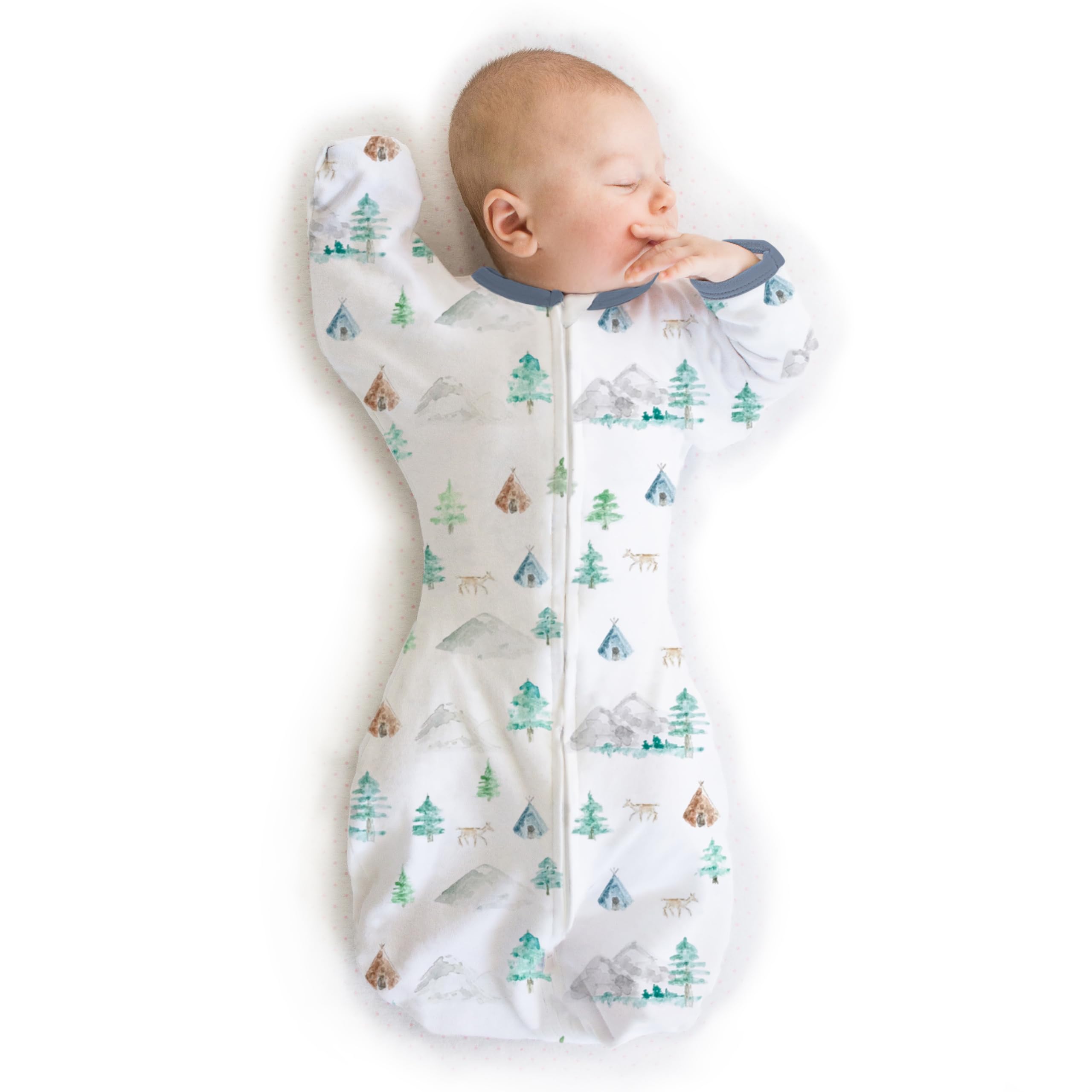 SwaddleDesigns Transitional Swaddle Sack with Arms Up Half-Length Sleeves and Mitten Cuffs, Watercolor Mountains & Trees, Medium, 3-6 Mo, 14-21 lbs (Better Sleep, Easy Swaddle Transition)