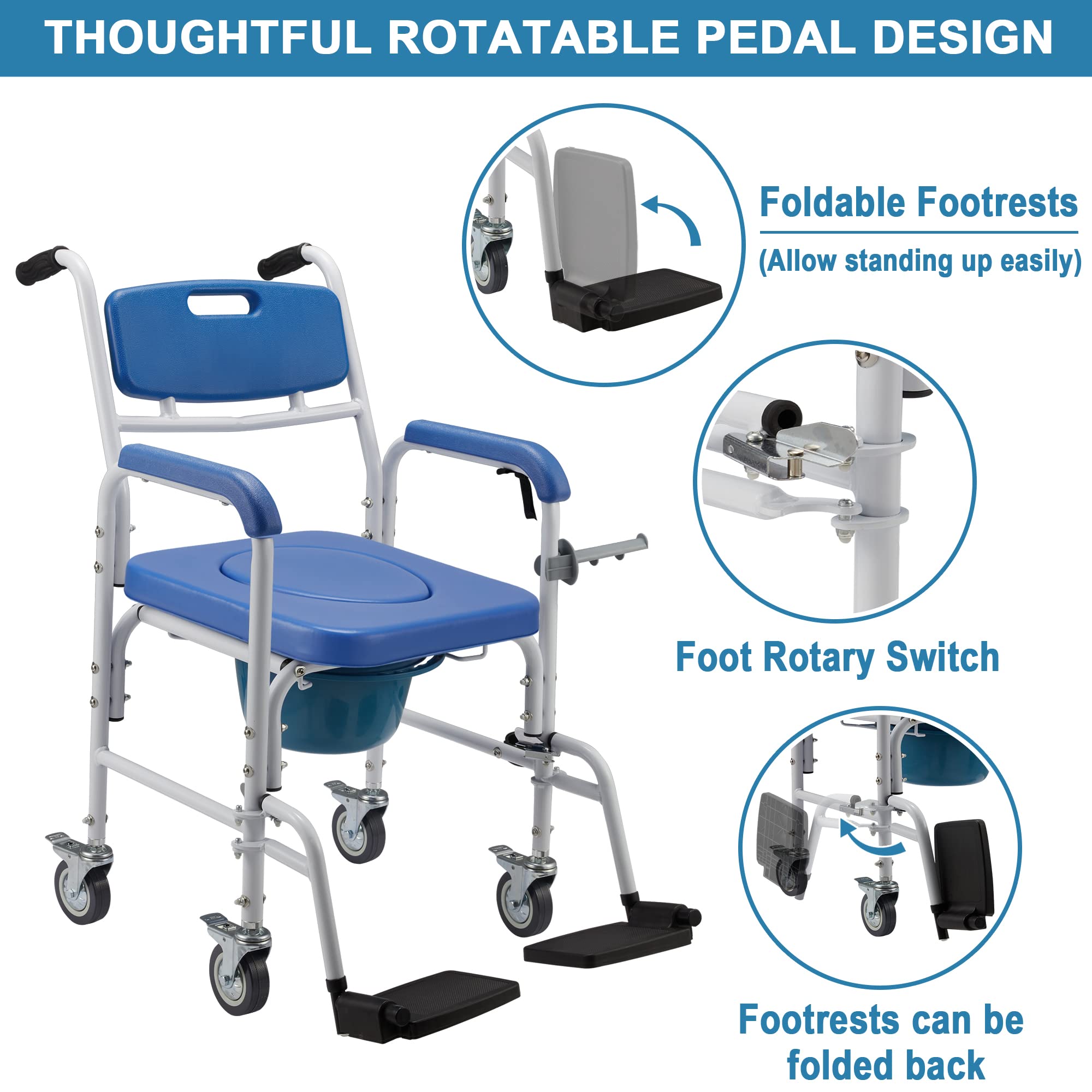 Homguava Bedside Commode Chair, 4 in 1 Shower Commode Wheelchair Rolling Transport Chair Toilet with Arms for Seniors and Disabled Weight Capacity 350lbs (Blue)